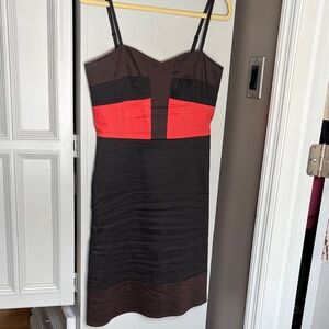 DKNY Strapless Colorblock Dress in Brown, Black & Red